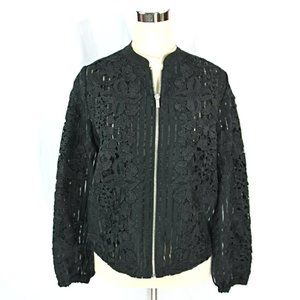 NEW Chicos Black Floral Lace Striped See Through Zip Up Jacket Long Sleeve S